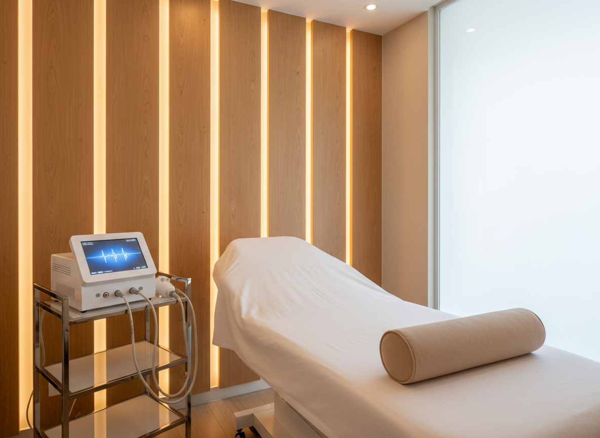 A tranquil body treatment suite specialized in reducción de medidas at a high-end centro estético, showcasing a padded treatment table draped in smooth white cotton, accented by a light mocha bolster cushion. At one side, a modern, compact body-contouring device with a sleek white casing, soft-touch digital screen, and discreetly coiled applicator cables rests on a slim trolley with chrome details. The back wall features a vertical panel of warm, light wood slats, subtly illuminated by hidden LED strips that cast vertical glows. Ambient warm lighting and a hint of indirect natural light create a cocoon-like, relaxing mood. Captured at an eye-level, three-quarter angle in photographic realism, with balanced depth of field, emphasizing cleanliness, cutting-edge technology, and sophisticated comfort.