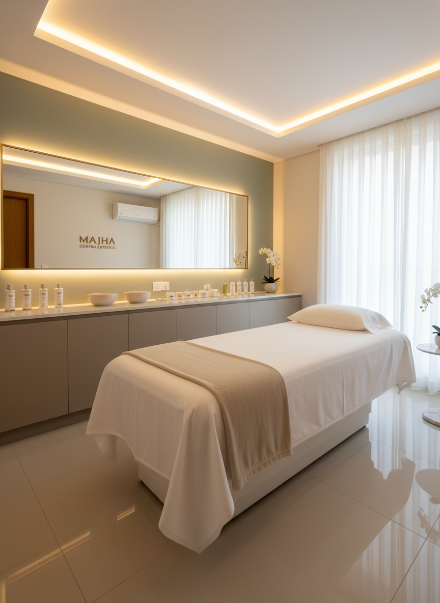 A luxurious facial treatment room in Majha Centro Estético, featuring a pristine white treatment bed with crisp, perfectly smoothed linens and a soft beige cashmere throw folded at the foot. Sleek built-in cabinetry in matte taupe holds neatly arranged glass skincare bottles and elegant ceramic bowls. A large backlit mirror with a subtle golden frame reflects a minimalist accent wall in muted eucalyptus green. Soft, diffused warm lighting from concealed ceiling strips creates gentle highlights on the glossy porcelain floor and casts calm, delicate shadows. Photographic realism at eye level, with a wide-angle composition that captures the whole room, evoking a sophisticated, serene, and impeccably clean atmosphere suitable for a high-end aesthetic center in Palmira, Valle del Cauca.