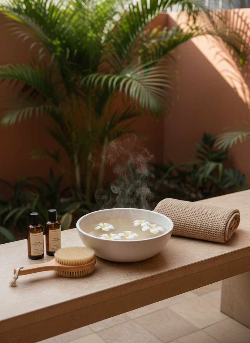 A serene, photographic-realistic display of body-care elements for embellecimiento corporal, arranged on a low stone bench with a smooth, warm-beige surface. A large, shallow ceramic bowl in matte white is filled with warm water and floating white petals, beside two amber glass bottles with minimal labels, a natural bristle body brush with a woven cotton strap, and a folded, waffle-textured towel in soft sand color. The setting hints at an open, semi-tropical courtyard in Palmira, with blurred green foliage and a hint of sunlit terracotta wall in the background. Late-afternoon natural light filters in at an angle, creating dappled highlights and gentle shadows. Shot from above with balanced focus, the composition feels organic, sophisticated, and subtly Colombian, evoking restful, sensory body treatments for discerning visitors.
