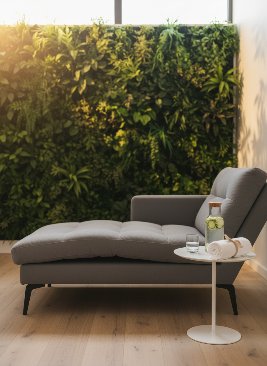 An indulgent relaxation corner at Majha Centro Estético, designed for post-treatment repose, with a generously cushioned chaise lounge upholstered in soft dove-gray fabric, placed on a pale oak floor. A low, round side table in matte white holds a carafe of infused water with visible slices of lime and cucumber in a crystal-clear glass vessel, beside a rolled white towel tied with a thin beige ribbon. The background shows a vertical indoor garden wall with lush, meticulously arranged green foliage, softly out of focus. Gentle golden-hour light enters through a high window, creating a warm, enveloping glow and subtle leaf shadows on the wall. Photographic realism, shot from a side angle with shallow depth of field, conveys serene, spa-like sophistication and an inviting atmosphere for both residents and visiting tourists.