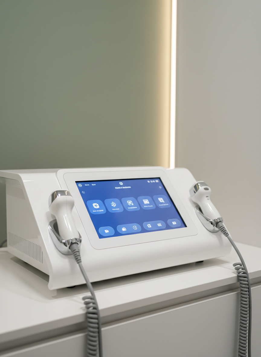 A detailed close-up of advanced aesthetic equipment used for facial rejuvenation, placed on a minimalist white counter in a spotless treatment area. The device has a streamlined, glossy white body with a high-resolution touch screen displaying a refined blue-and-white interface, and two detachable handpieces resting in sculpted cradles. Coiled, pearl-gray cables tuck neatly along the base. Behind, a softly blurred backdrop reveals a hint of eucalyptus-green wall and a narrow vertical light strip emitting a warm, ambient glow. The controlled studio-style lighting creates subtle highlights along the curved surfaces and precise reflections on the screen. Captured in photographic realism with a slightly low angle and shallow depth of field, the image communicates cutting-edge technology, precision, and safety within a sophisticated aesthetic clinic.