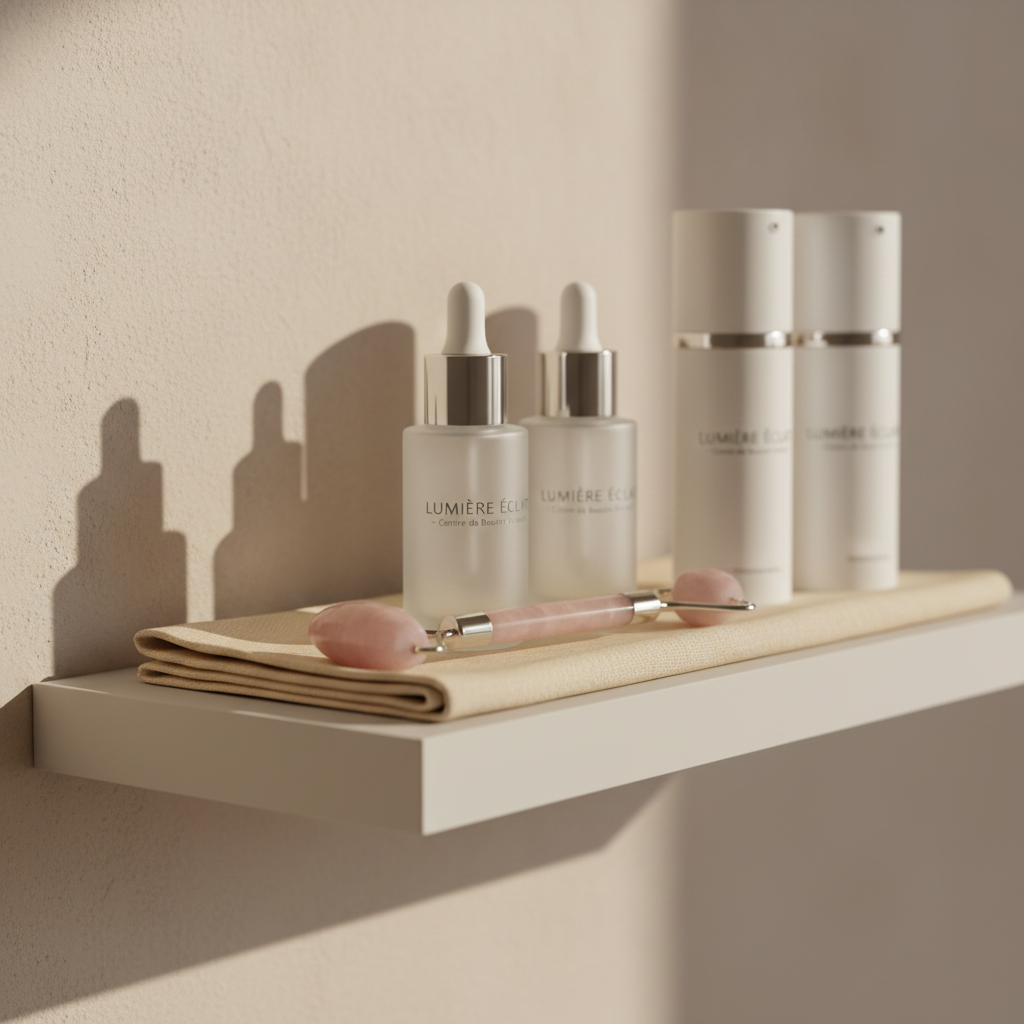 A close-up, photographic-realistic view of an arrangement of premium skincare products branded for a sophisticated aesthetic center, displayed on a narrow, floating matte-white shelf against a textured soft-sand wall. Frosted glass serum bottles with silver droppers, airless cream pumps in pearl-white, and a single sculptural rose quartz facial roller rest on a folded linen cloth in warm ivory. Gentle, diffused afternoon light filters from the left, casting elegant, elongated shadows and creating subtle reflections on the glass and metal details. The composition uses shallow depth of field, focusing sharply on the central serum bottle while the background softly blurs, conveying a refined, clinical yet indulgent mood ideal for communicating advanced facial procedures and premium cosmetic care.